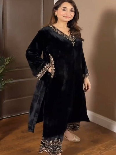 Elite Black Velvet Sequin Detailing Kurti Pant Set Of 2 - BONYHUBSALWAR KAMEEZ