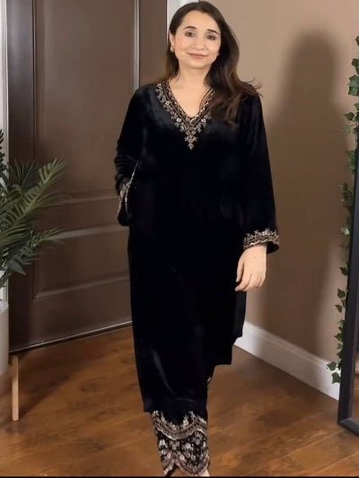 Elite Black Velvet Sequin Detailing Kurti Pant Set Of 2 - BONYHUBSALWAR KAMEEZ