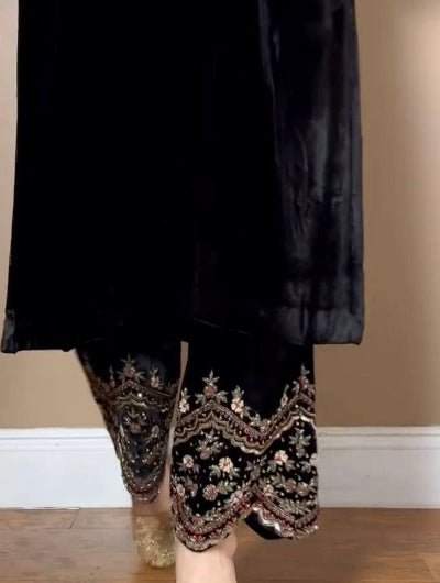 Elite Black Velvet Sequin Detailing Kurti Pant Set Of 2 - BONYHUBSALWAR KAMEEZ