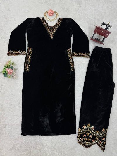 Elite Black Velvet Sequin Detailing Kurti Pant Set Of 2 - BONYHUBSALWAR KAMEEZ