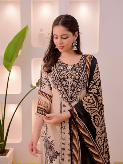 Plus Size Beige Mirror Work Printed Salwar Suit Set - BONYHUBSALWAR KAMEEZ