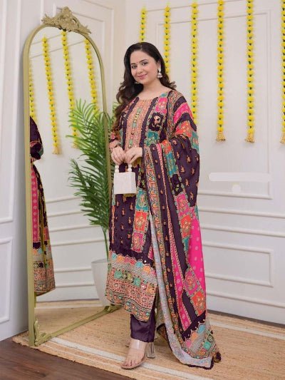 Plus Size Plum Muslin Printed Salwar Suit Set - BONYHUBSALWAR KAMEEZ