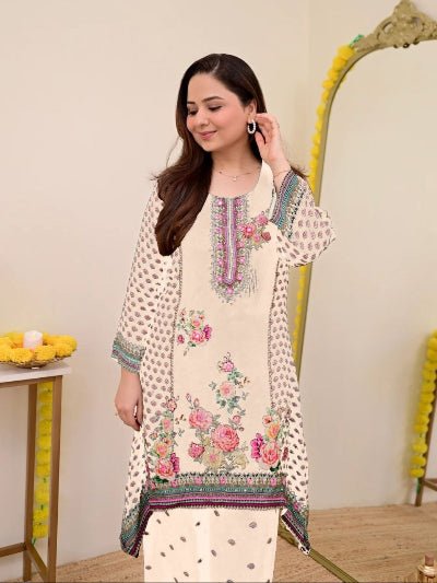 Plus Size White Floral Print Co - Ord Set of 2 - BONYHUBSALWAR KAMEEZ