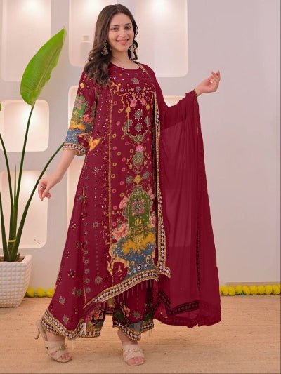 Plus Size Maroon Muslin Printed Salwar Suit Set - BONYHUBSALWAR KAMEEZ
