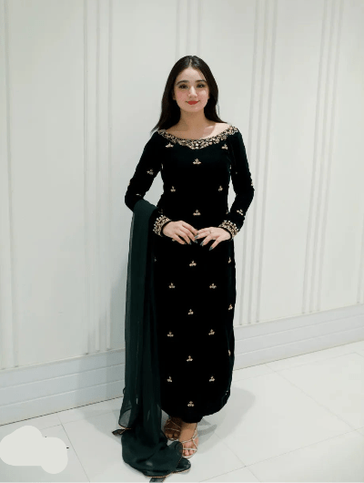 Bottle Green Velvet Charm Embroidery Suit Set - BONYHUBSALWAR KAMEEZ