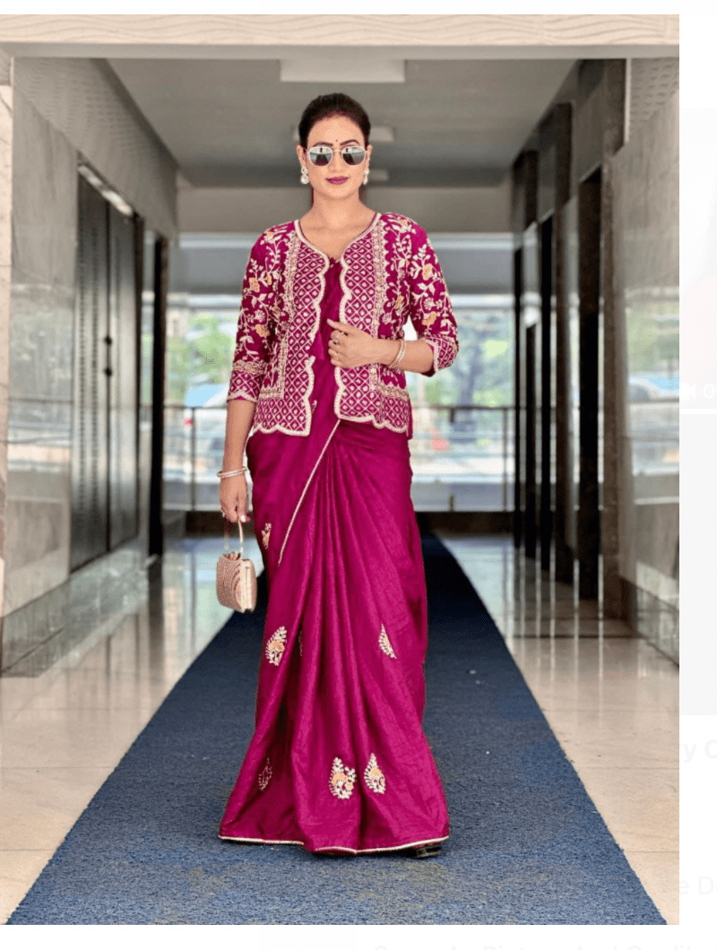 Elegant Pink Saree with Embroidered Jacket & Unstitched Blouse - BONYHUBSAREE