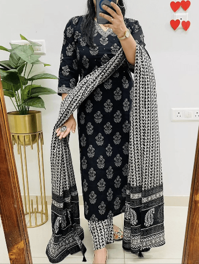 Black & White Straight Salwar Suit Set - BONYHUBSALWAR KAMEEZ