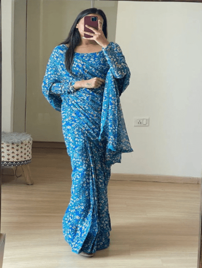1 Min Blue Floral Georgette Stitched Readymade Saree - BONYHUBSAREE