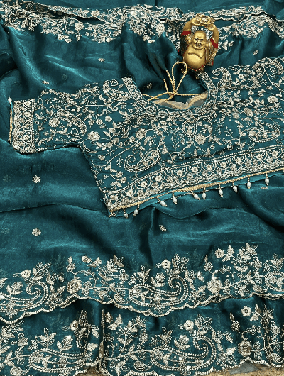 Green Silk Sari Free Stitched Blouse - BONYHUBSAREE