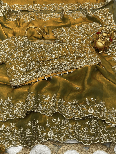 Gold Silk Sari Free Stitched Blouse - BONYHUBSAREE