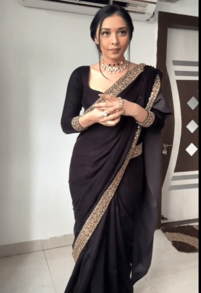1 Min Black Velvet Stitched Readymade Saree with Blouse Piece - BONYHUBSAREE