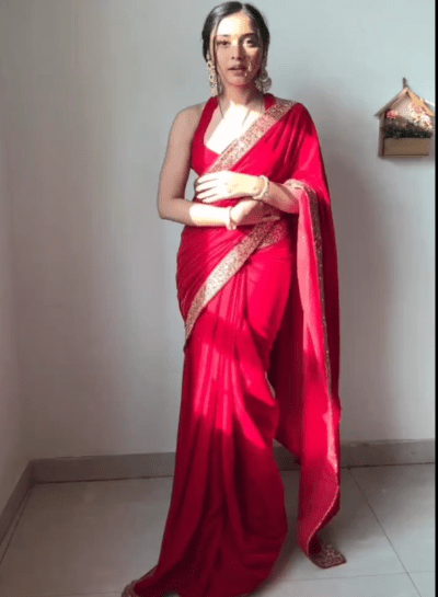 1 Min Red Velvet Stitched Ready to Wear Saree with Blouse Piece - BONYHUBSAREE