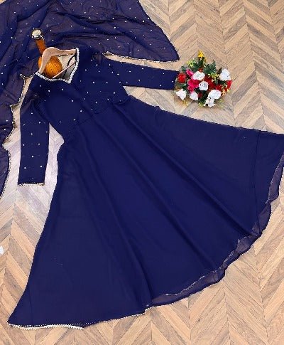 Royal Blue Georgette Long Anarkali Dupatta Set UK Next Day - BONYHUBSALWAR KAMEEZ