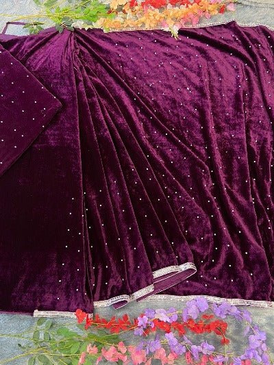 Burgandy Velvet Ready to Wear Moti Work Saree with Blouse piece - BONYHUBSAREE