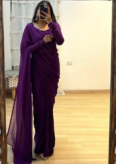 1 Min Plain Purple Soft Georgette Stitched Readymade Saree - BONYHUBSAREE