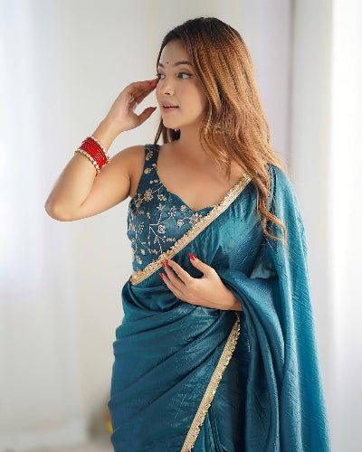 1 Min Teal Blue Organza Readymade Saree Stitched Blouse UK Next Day - BONYHUBSAREE