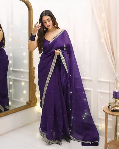 1 Min Purple Crush Silk Readymade Saree Stitched Blouse UK Next Day - BONYHUBSAREE