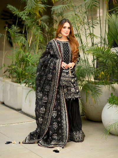 Elegant Black Georgette Rich Embroidery Sharara Suit - BONYHUBSALWAR KAMEEZ
