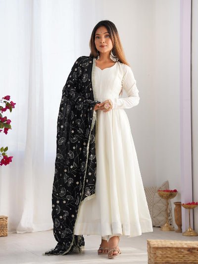White Vichitra Silk Anarkali Suit With Black Embroidered Dupatta - BONYHUBSALWAR KAMEEZ