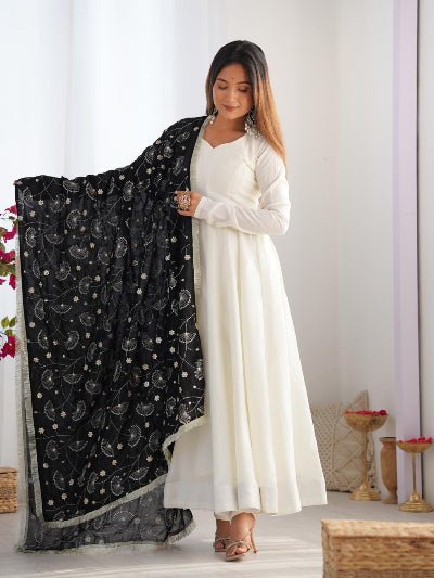 White Vichitra Silk Anarkali Suit With Black Embroidered Dupatta - BONYHUBSALWAR KAMEEZ