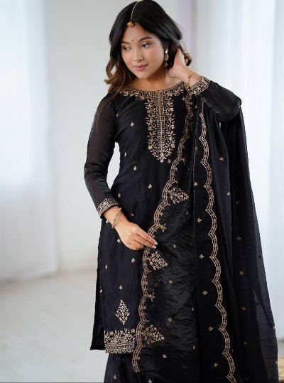 Black Soft Crunchy Silk Embroidered Sharara Palazzo Suit - BONYHUBSALWAR KAMEEZ