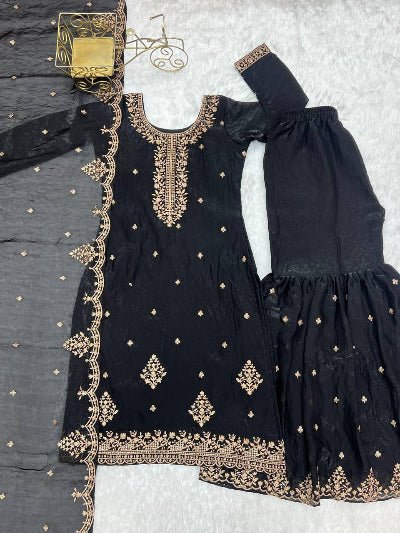 Black Soft Crunchy Silk Embroidered Sharara Palazzo Suit - BONYHUBSALWAR KAMEEZ