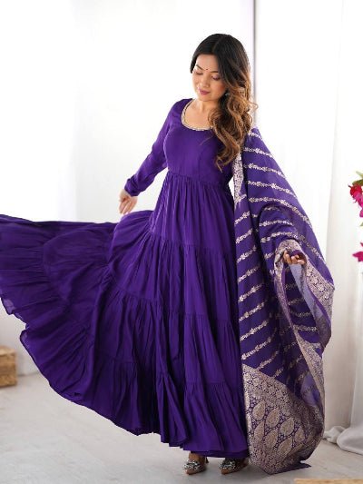 Indigo Roman Silk Layered Anarkali Suit With Banarasi Dupatta - BONYHUBSALWAR KAMEEZ