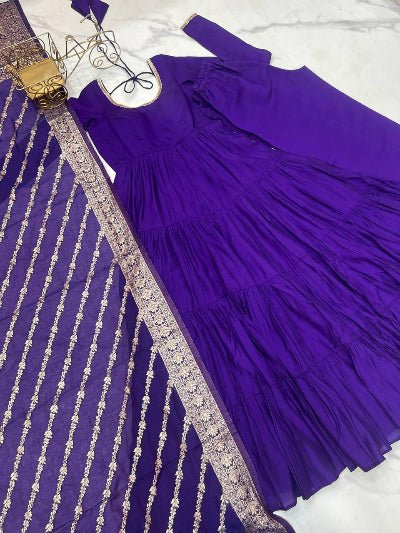 Indigo Roman Silk Layered Anarkali Suit With Banarasi Dupatta - BONYHUBSALWAR KAMEEZ