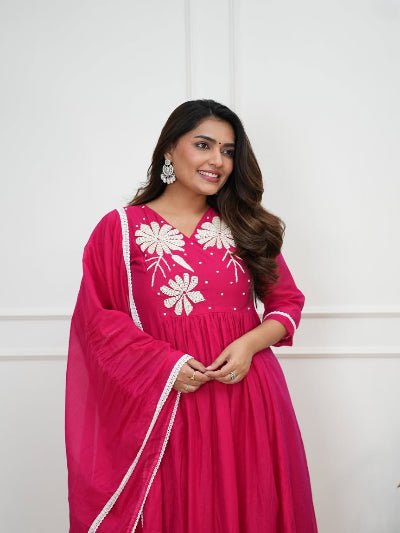 Hot Pink Cotton Handwork Anarkali Suit - BONYHUBSALWAR KAMEEZ