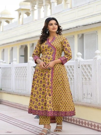 Mustard Yellow Cotton Ghera Anarkali Suit - BONYHUBSALWAR KAMEEZ