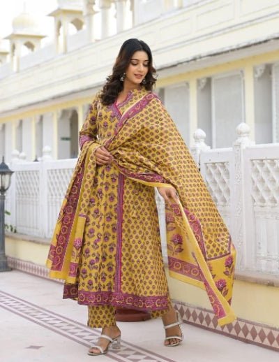 Mustard Yellow Cotton Ghera Anarkali Suit - BONYHUBSALWAR KAMEEZ