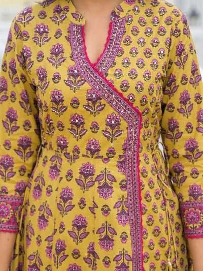 Mustard Yellow Cotton Ghera Anarkali Suit - BONYHUBSALWAR KAMEEZ