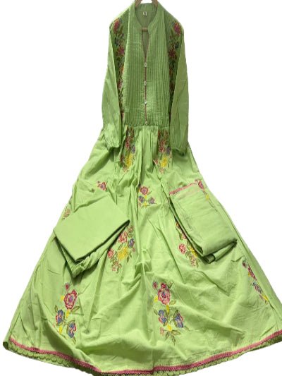 Pastel Green Cotton Embroidery Anarkali Suit - BONYHUBSALWAR KAMEEZ