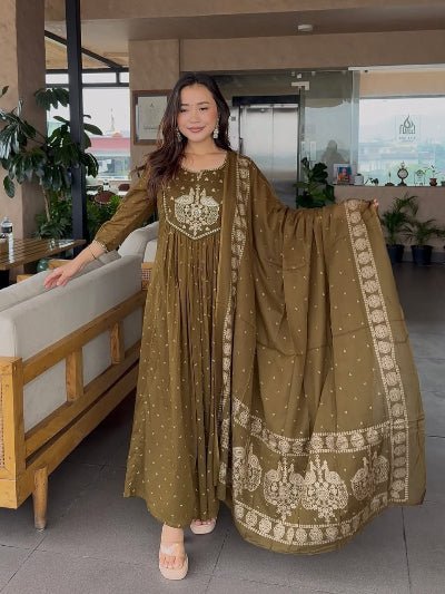 Olive Green Cotton Embroidery Anarkali Suit - BONYHUBSALWAR KAMEEZ