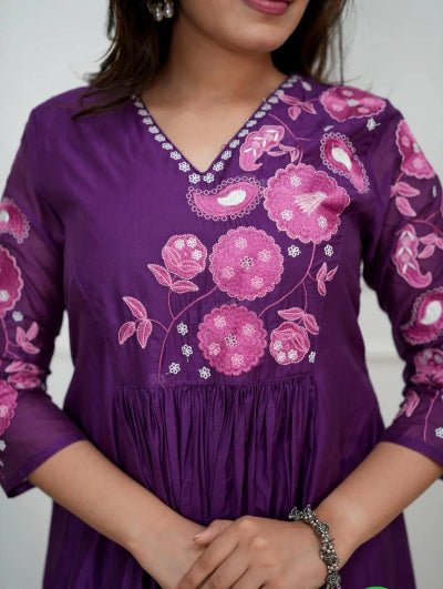 Purple Cotton Embroidery Work Anarkali Suit - BONYHUBSALWAR KAMEEZ