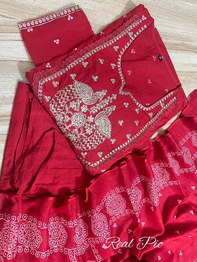 Red Cotton Embroidery Long Anarkali Suit - BONYHUBSALWAR KAMEEZ
