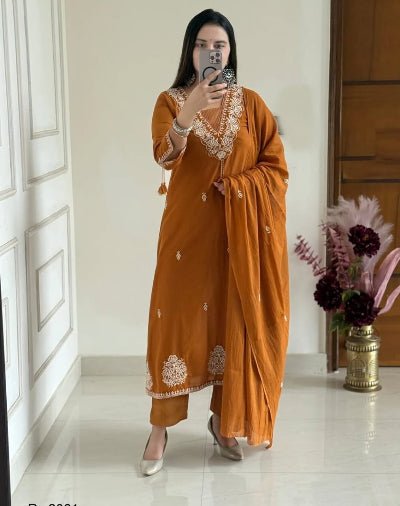 Rust Orange Cotton Heavy Embroidery Anarkali Suit - BONYHUBSALWAR KAMEEZ