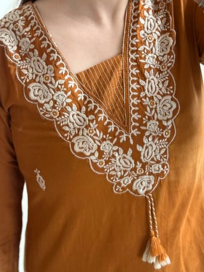 Rust Orange Cotton Heavy Embroidery Anarkali Suit - BONYHUBSALWAR KAMEEZ