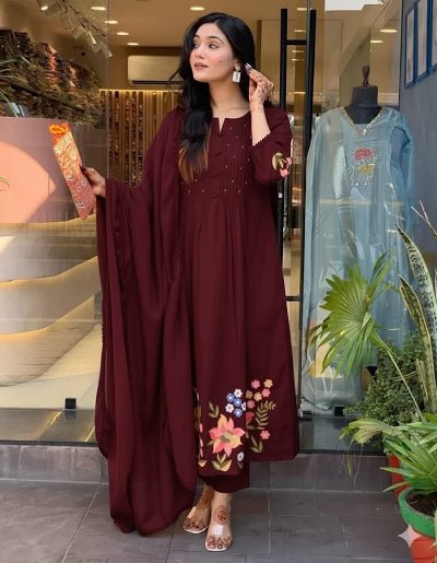 Elegant Maroon Cotton Embroidery Anarkali Suit - BONYHUBSALWAR KAMEEZ