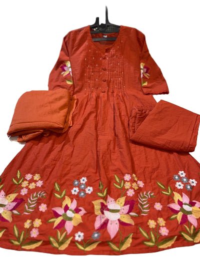 Rusty Orange Cotton Embroidery Pitten Work Anarkali Suit - BONYHUBSALWAR KAMEEZ