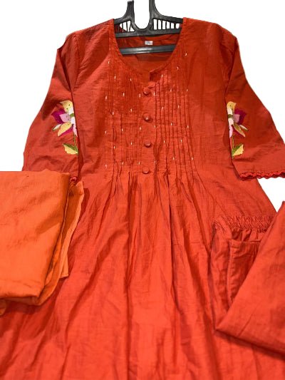 Rusty Orange Cotton Embroidery Pitten Work Anarkali Suit - BONYHUBSALWAR KAMEEZ
