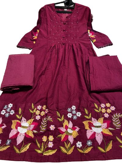 Elegant Maroon Cotton Embroidery Anarkali Suit - BONYHUBSALWAR KAMEEZ