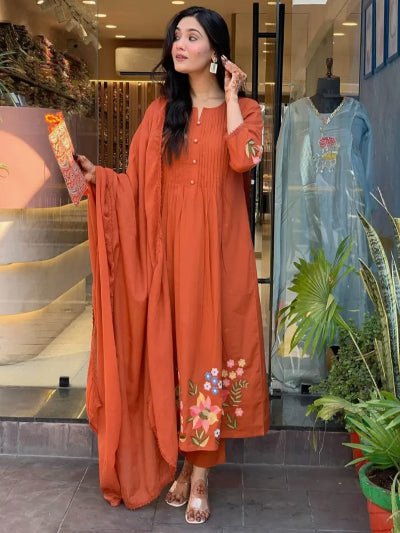 Rusty Orange Cotton Embroidery Pitten Work Anarkali Suit - BONYHUBSALWAR KAMEEZ