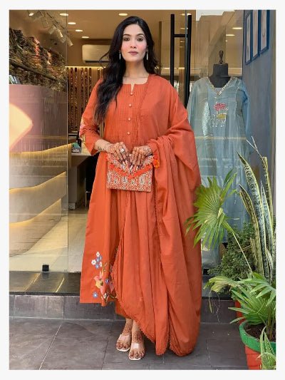 Rusty Orange Cotton Embroidery Pitten Work Anarkali Suit - BONYHUBSALWAR KAMEEZ