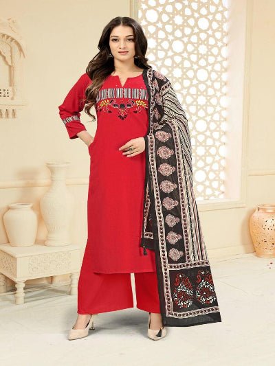 Red Pure Cotton Neck Embroidery Kurti Suit Set - BONYHUBSALWAR KAMEEZ