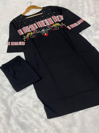Black Pure Cotton Neck Embroidery Kurti Suit Set - BONYHUBSALWAR KAMEEZ