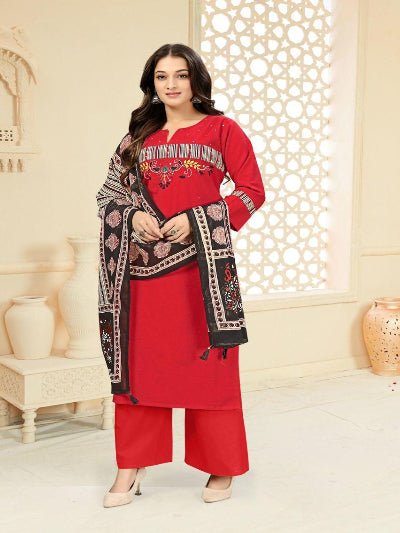 Red Pure Cotton Neck Embroidery Kurti Suit Set - BONYHUBSALWAR KAMEEZ