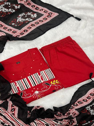 Red Pure Cotton Neck Embroidery Kurti Suit Set - BONYHUBSALWAR KAMEEZ