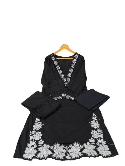 Elegant Black Pure Malmal Embroidery Straight Suit Set - BONYHUBSALWAR KAMEEZ