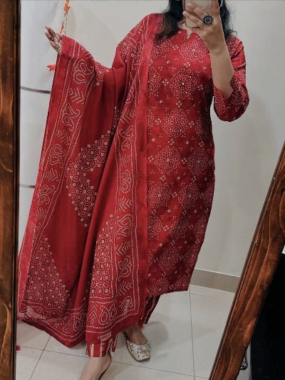 Elegant Red Cotton Mirror Handwork Printed Straight Suit Set - BONYHUBSALWAR KAMEEZ